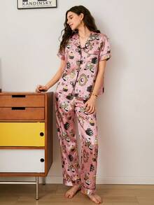 Funny Print Lapel Long Sleeve Chino Women Pajama Set - Multicolor - View 3