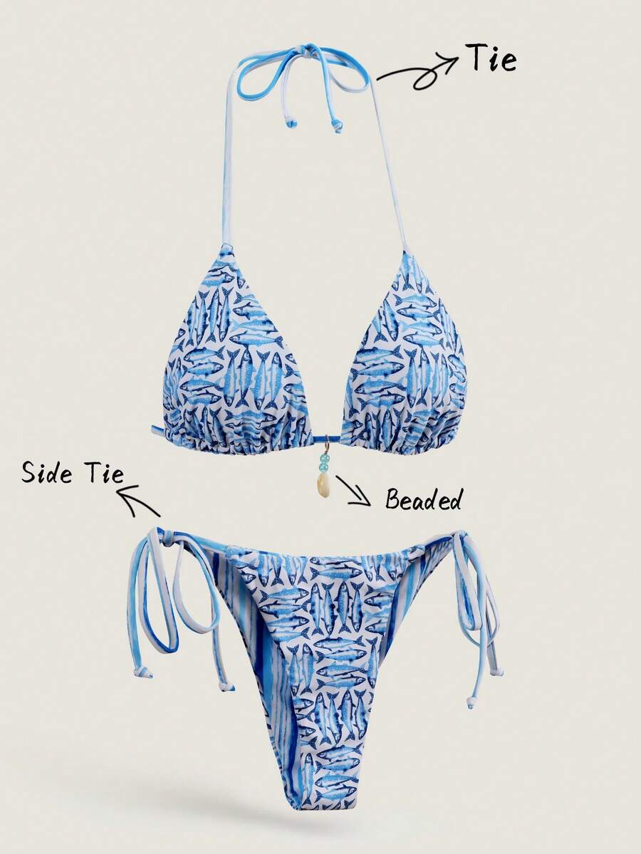 Swim Mod Springbreak Women's Random Print Halter Seashell Pendant Sexy Bikini Swimsuit Set, Summer Beachwear - Multicolor - View 1