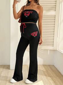 SHEIN 2pcs Maternity Casual Cherry Print Tube Top And Flare Pants Set, Summer - Black - View 7