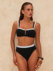 Swim Chiccia Black & White Contrast V-Wired Textured Plain Bikini Set - Black and White - View 7