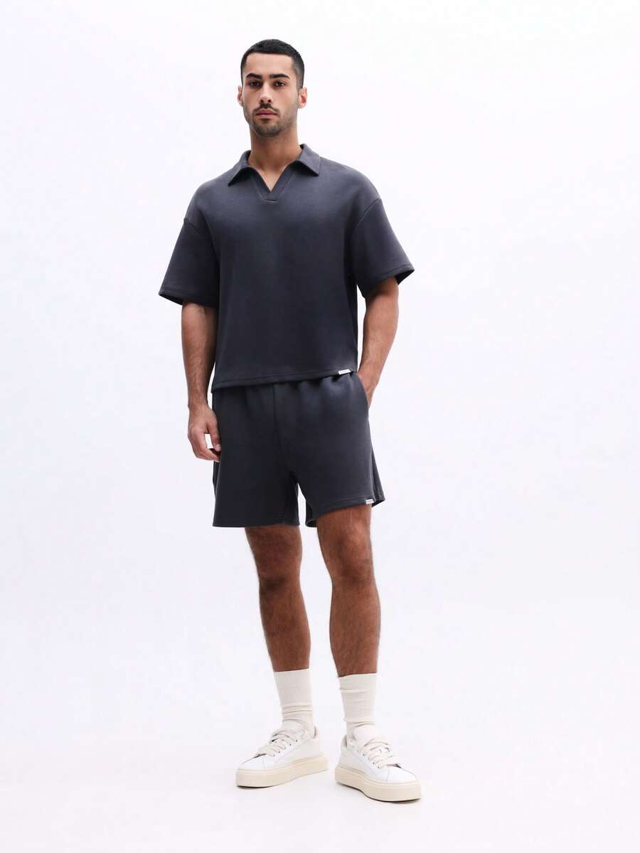 SUMWON 翻领短袖 Polo 衫搭配同款松紧腰短裤两件套休闲夏季套装 纯色 - 軍綠色 - 查看 1