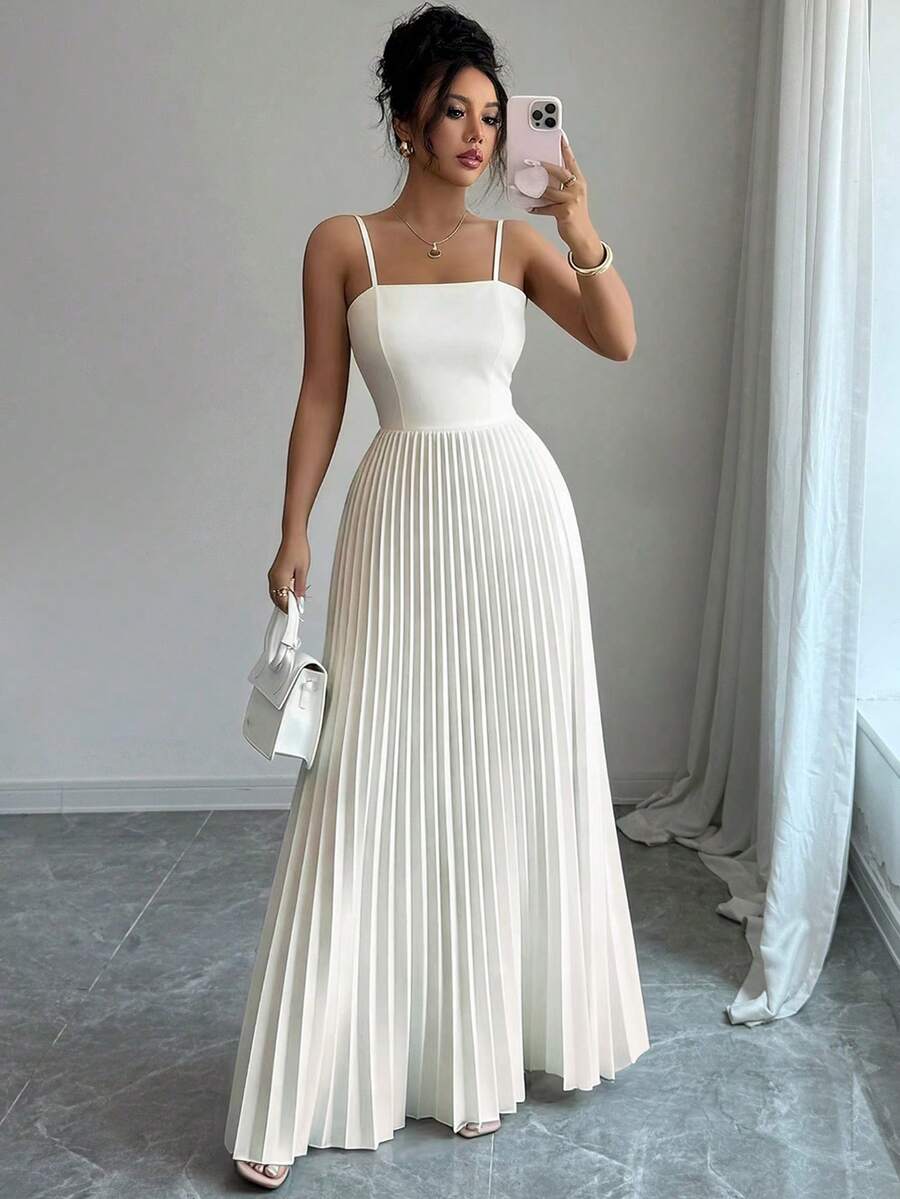 Elenzga Đầm không tay dáng suông thanh lịch tối giản màu trơn dành cho nữ, có xếp ly, thích hợp cho mùa hè. - Màu be - Xem 1