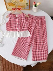 女童两件套：无袖格子蕾丝边上衣 + 阔腿裤，夏季休闲度假装 - 紅色 - 查看 5
