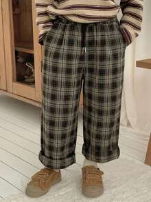 DAZY Pantalones casuales con cordón y estampado de cuadros para niños pequeños - Marrón - Ver 2