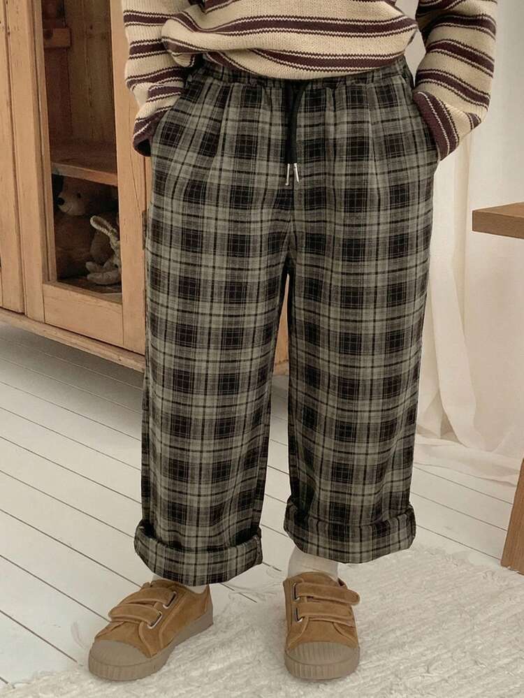 Young Boys' Casual Plaid Print Drawstring Pants