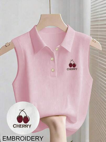 Resyla Camiseta de tirantes casual de mujer con bordado de letra de cereza, para verano