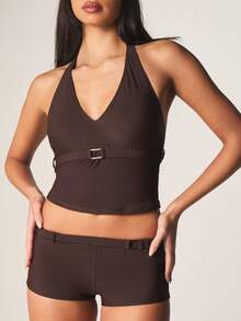MISSGUIDED V Neck Tankini Bikini Set With Belt Detail High Waisted Shorts Summer Beach Swimwear Two Piece Set - Brown - View 4