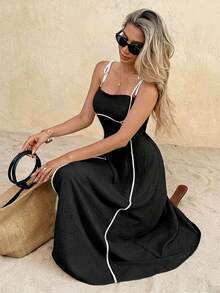 SHEIN Frenchy 女士撞色滚边无袖修身中长连衣裙，夏季时尚之选 - 黑色 - 查看 7