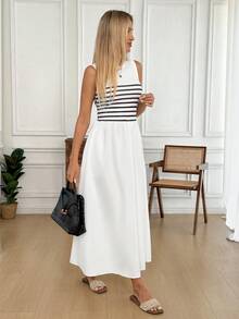 Easowa 无袖圆领连衣裙，收腰设计，条纹拼接，A字褶皱裙摆，休闲优雅的办公/度假连衣裙，适合女性穿着，春夏度假波西米亚风性感女装，女士休闲连衣裙，女士休闲装，夏季连衣裙，女士夏季穿搭 - 彩色 - 查看 3