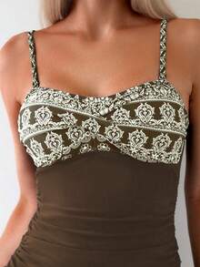 Swim Lushoire Women's Summer Vacation Beach Pattern Print Side Drawstring Tankini Set - Coffee Brown - View 5