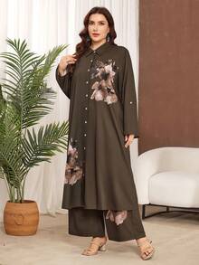 Lacomfia Women's Floral Print Plus Size Shirt And Wide Leg Pants Two Pieces Set, Casual And Minimalist, Plus Size - Multicolor - View 7
