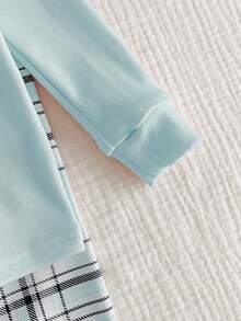 2pcs Baby Girls Casual Cute Bear Print Top And Classic Plaid Leggings Set, Snug Fit Homewear - Blue - View 6