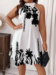 SHEIN CURVE+ Curve Size US22Music Festival, Seaside Vacation, BohemiaCURVE PLUS / / Halter A-Line Black & White Placement Print Dress Sundress Plus Casual Dress - Black and White - View 4