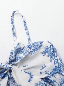 Girlism Tween Girls' Casual Vacation Blue & White Print Ruched Bust Asymmetrical Hem Camisole - Blue and White - View 5