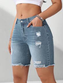 Flexra Women's Casual Versatile Everyday Denim Shorts With Pockets And Button Distressed Design - Light Wash - View 6