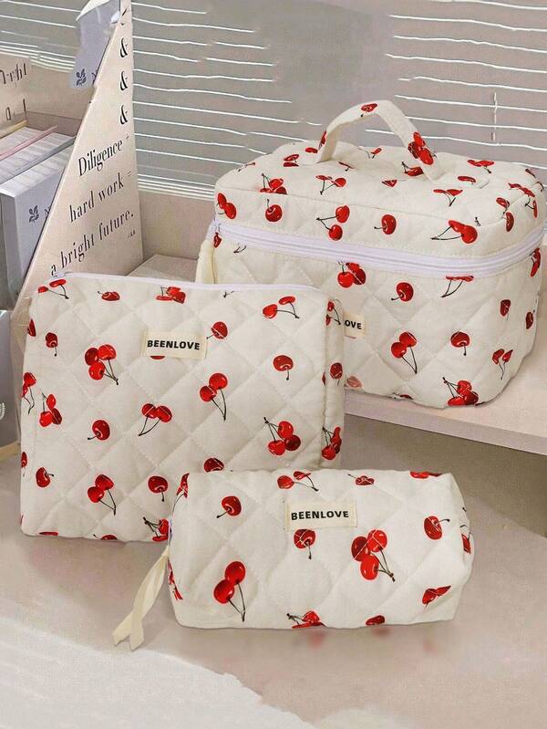 1 Pc Quilted Cherry Ballet-Style Travel Makeup Bag, Large-Capacity Cosmetic Skincare Toiletry Organizer, Essential For Travel Cruise Dorm, Perfect Gift For Women Bridesmaid Mom Birthday Christmas