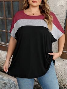 SHEIN CURVE+ Plus Colorblock Batwing Sleeve Tee, Summer 8xl Women Clothes Plus Size T-Shirts - Multicolor - View 3