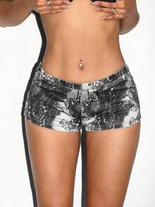 SHEIN ICON Quần short denim nữ in họa tiết, kiểu dáng thường ngày. - Xám - Xem 1