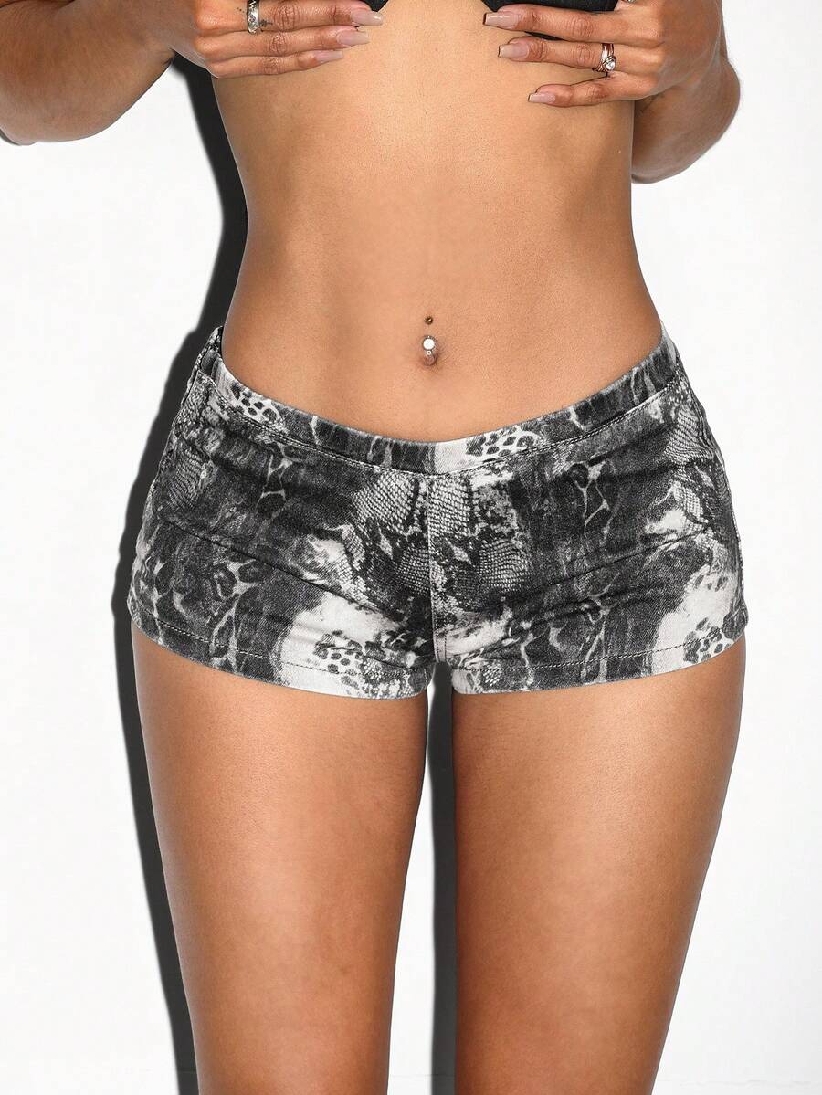 SHEIN ICON Quần short denim nữ in họa tiết, kiểu dáng thường ngày. - Xám - Xem 1