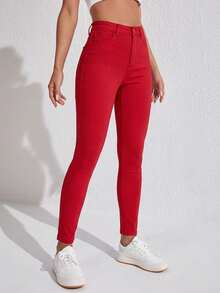 SHEIN SXY 高腰修身斜插口袋休闲牛仔裤 - 紅色 - 查看 5