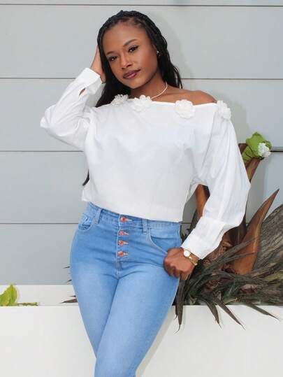 Steph T Women's Solid Color 3D Floral Decor Asymmetric Shoulder Long Sleeve Top,Fall Clothes For Women ,White Top ,Elegant Women's Top Old Money Style Women