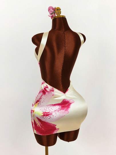 Amplova Women's Floral Print Halter Backless Satin Mini Dress, Shiny Sexy Avant-Garde Suitable For Holiday Outfit