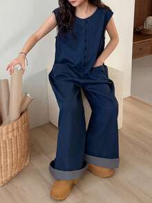 DAZY Tween Girl Button Half Placket Pocket Wide Leg Casual Denim Jumpsuit - Blue - View 7
