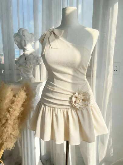 SHEIN MOD Plus Size Vintage-Inspired Dusty Apricot Off-Shoulder Dress | Boho Elegance With Ruffles, Bow & 3D Florals | 70s Retro Wave For Dates, Picnics & Western Adventures,Graduation Dress,Vacation Outfits Woman,Birthday Outfit For Women,Valentine's Day Dress,Summer Holiday Outfits,Summer Dresses For Women Cream Dresses Tea Party Dress One Shoulder Dresses Cream Outfit Women Tea Party Outfit Women 3d Flower Dress