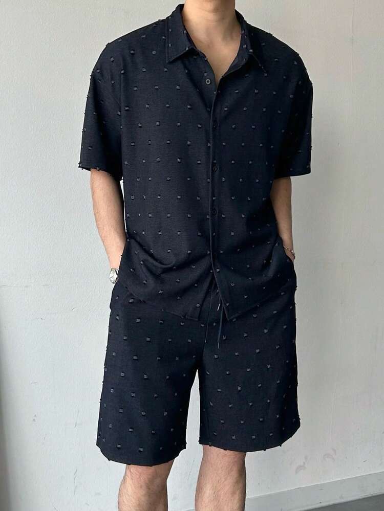 Men's Summer Casual Vacation Daily Commute Simple Solid Swiss Dot Short Sleeve Shirt And Drawstring Waist Shorts Set