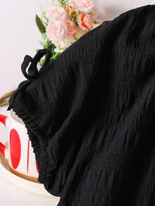 SHEIN 2件套少女纯色圆领休闲T恤和裤子套装 - 黑色 - 查看 7