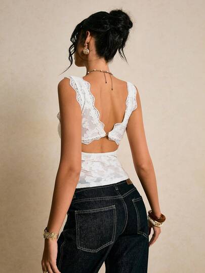 Poéselle 女士V领蕾丝边时尚百搭上衣，适合约会和外出穿着