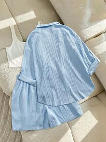 Airaco Bộ đồ thường ngày dành cho nữ cỡ lớn, gồm áo và quần short có dây rút, họa tiết nơ thêu. - Màu xanh lam - Xem 2