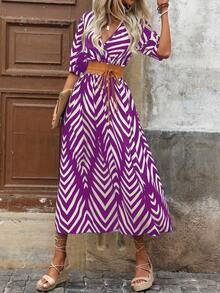 SHEIN Holidaya New Contrast Color Geometric Print V-Neck Ruched Waist Flared Hem Dress For Women, Suitable For Commuting And Vacation, Autumn - Purple - View 3