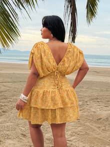 Rustia Sommerurlaub Ditsy Floral geraffter Schulter Kreuz-Rücken V-Ausschnitt ärmelloses kurzes A-Linien Kleid für Frauen - Verschiedenfarbig - Übersicht 2