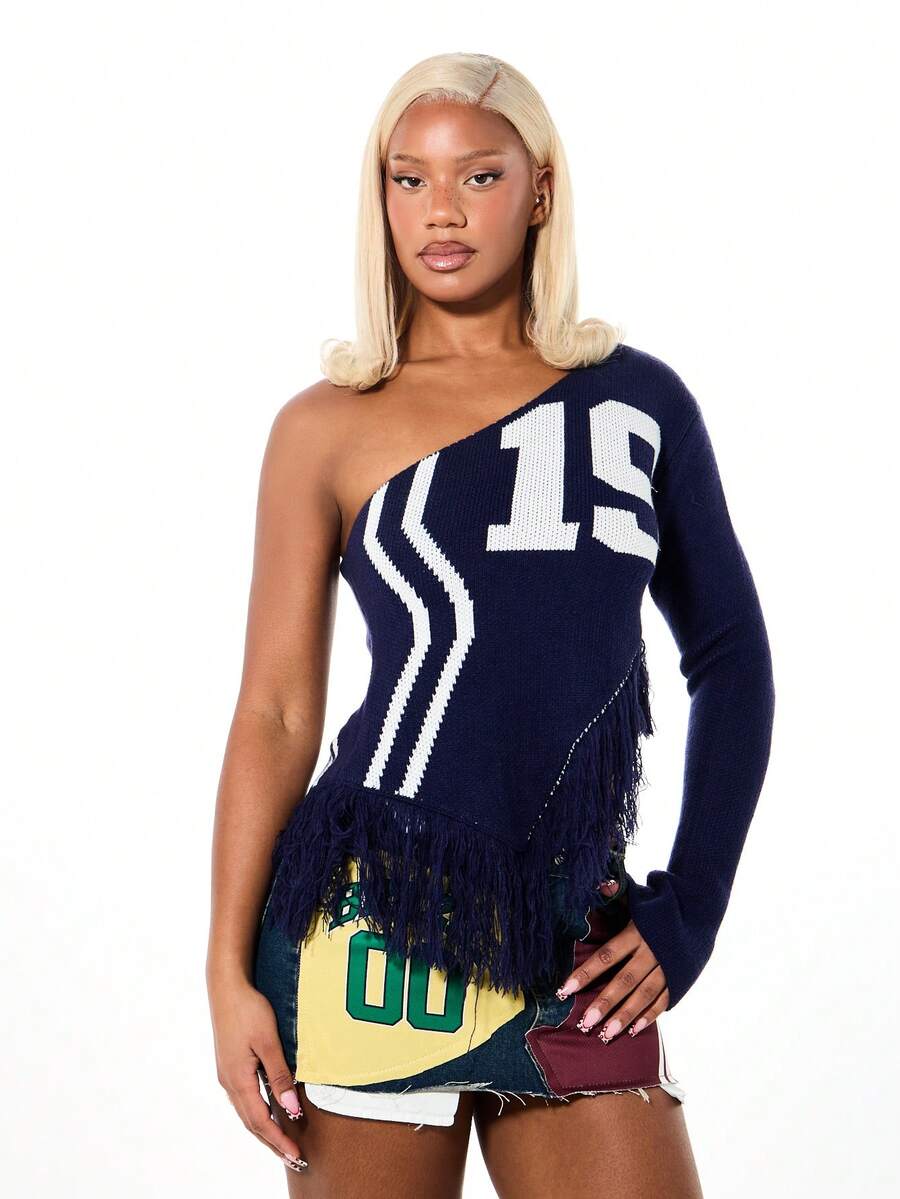 SUMWON WOMEN One Shoulder Navy Fringe Knit Top With Number Nineteen Graphic Asymmetric Varsity Sports Jersey Style Sweater - Blue - View 1