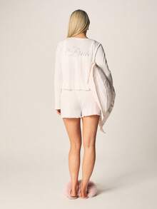 MISSGUIDED Conjunto de pijama de punto acanalado con botones, sujetador y pantalones cortos para ropa de estar en casa y ropa de dormir cómoda - Beis - View 6