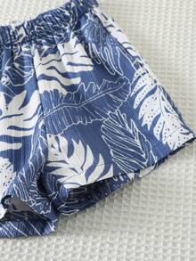 SHEIN 3件套男女宝宝可爱度假风衬衫套装，短袖T恤和针织上衣叠穿，男宝宝度假裙套装，服装套装，夏威夷风情裙 - 藏蓝色 - 查看 7