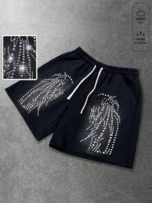 ROMWE MEN Men's Sparkling Rhinestone Studded Zebra Print Shorts - Black - View 1