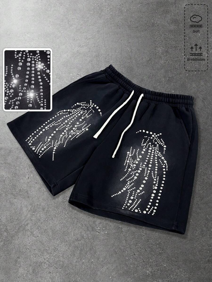 ROMWE MEN Men's Sparkling Rhinestone Studded Zebra Print Shorts - Black - View 1