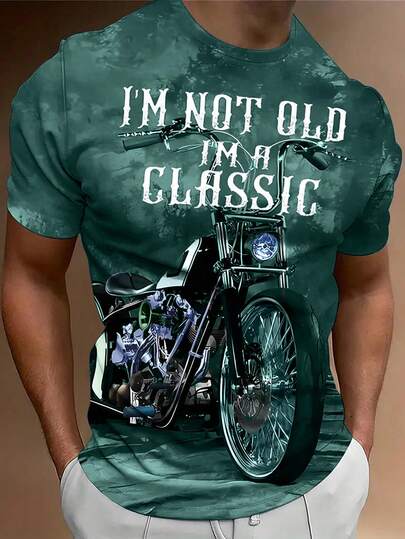 Manfinity LEGND Camiseta de manga corta de verano con estampado de motocicleta y eslogan, de estilo casual y moderno para hombre