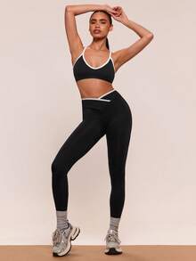 SHEIN BAE Ensemble de soutien-gorge de sport et leggings avec bandes contrastées et dos croisé élastique pour femmes, idéal pour le yoga et l'entraînement - Noir - Voir 5