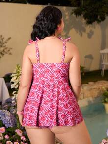 Swim Mod Gaun Baju Renang Wanita Ukuran Besar untuk Liburan Pantai Kasual dengan Motif Cetak - Berwarna merah muda - View 2