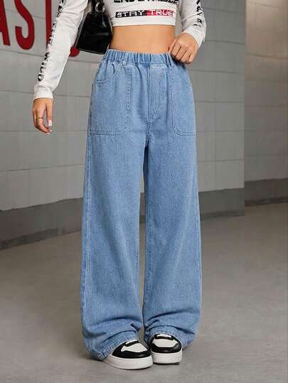 TEEN GIRLS Loose Fit Denim Wide Leg Pants, Basic Casual College Style, Relaxed Fit Flattering, Knit Denim Fabric Soft & Comfortable, Elastic Waistband, Suitable For All Seasons