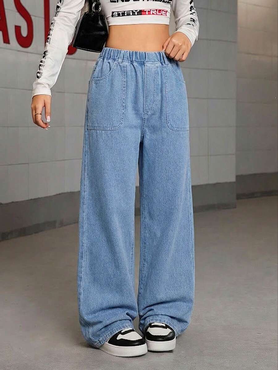 One Piece 少女 2026 春夏新款浅蓝色水洗弹力腰大口袋阔腿牛仔长裤，少女高腰宽松垂坠风格学生牛仔裤，休闲舒适百搭时尚夏季薄款复古风阔腿牛仔长裤 - 中等水洗藍 - 查看 1