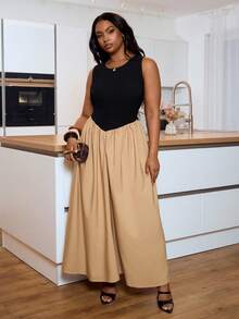 Veslaya 2026春夏新款大码女装休闲、度假、通勤无袖黑色纹理针织拼接卡其色A字长裙 - 彩色 - 查看 8