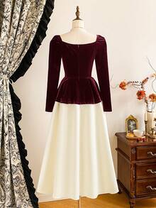 Vintamour Vintage Elegant Women's Velvet & Satin Patchwork Heart Neck Floral Midi Dress Party/Cocktail/Formal Gown Winter Clothes For Women Women's Winter Clothes Winter Outfit For Women Christmas Looks Christmas Outfit For Women Christmas Clothes New Year Clothes New Year Outfit New Year Women Women's Winter Dress Christmas Dresses For Women Christmas Party Dress New Year Dress Elegant Dresses For Party Dresses For Women Elegant Dress - Burgundy - View 6