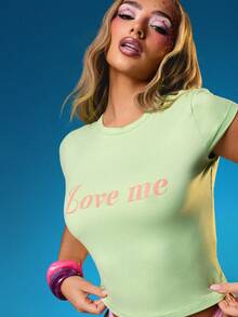 MISSGUIDED Love Me Slogan Crop Tee Short Sleeve Green Baby Tee Summer Festival Casual Top - Green - View 2