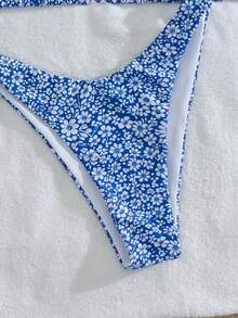 Swim Mod 2件套新款随机印花露背性感优雅度假比基尼套装，适合海滩、泳池、派对等场合。 - 藍白色 - 查看 4