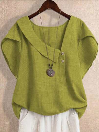 Glimmora New Fashion Casual Oblique Collar Button Short Sleeve Blouse For Women