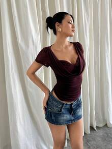 Siren Gaze Women's Solid Deep V-Neck Fitted Fashionable Mesh Sheer Blouse - Burgundy - View 5